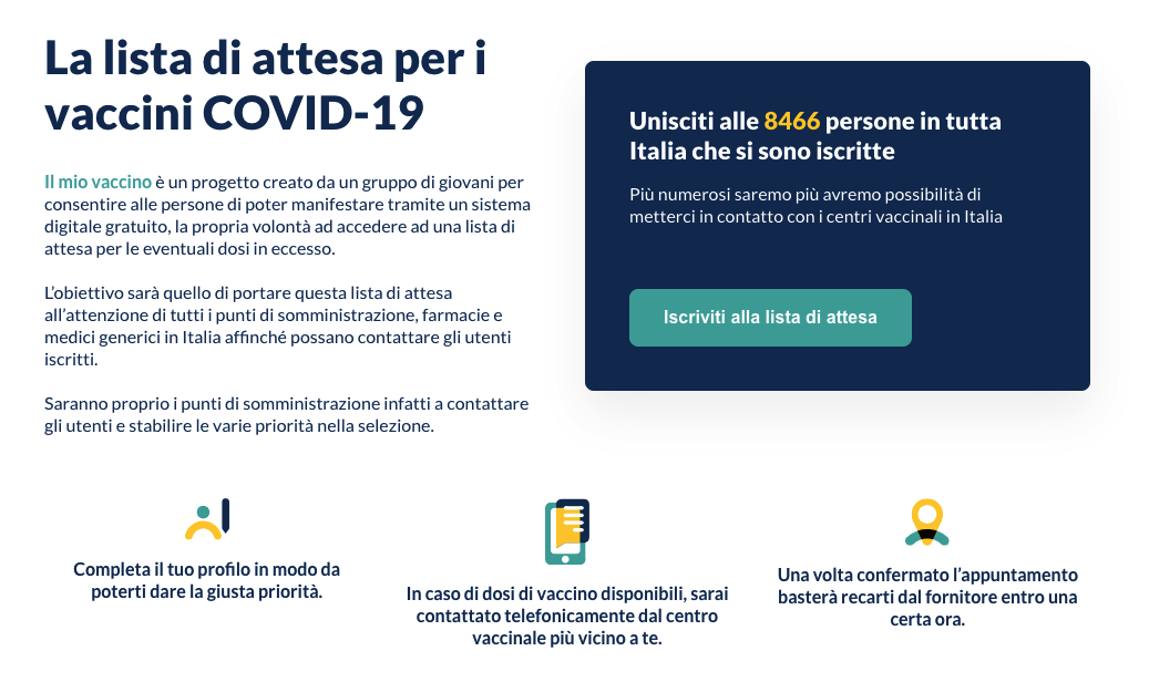 Il mio vaccino: il progetto per richiedere di accedere alle liste di attesa per le dosi in eccesso di vaccini