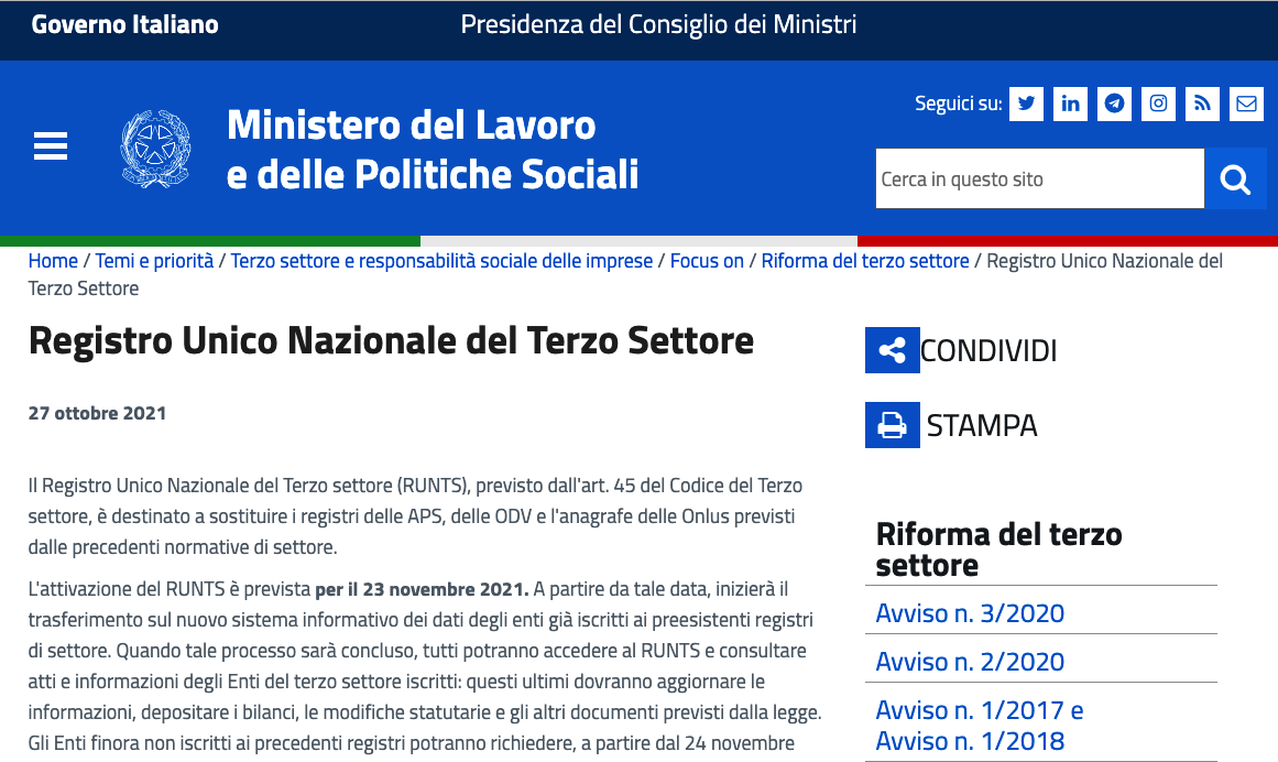 Il 23 novembre 2021 parte l'attivazione del RUNTS il Registro Unico Nazionale del Terzo Settore