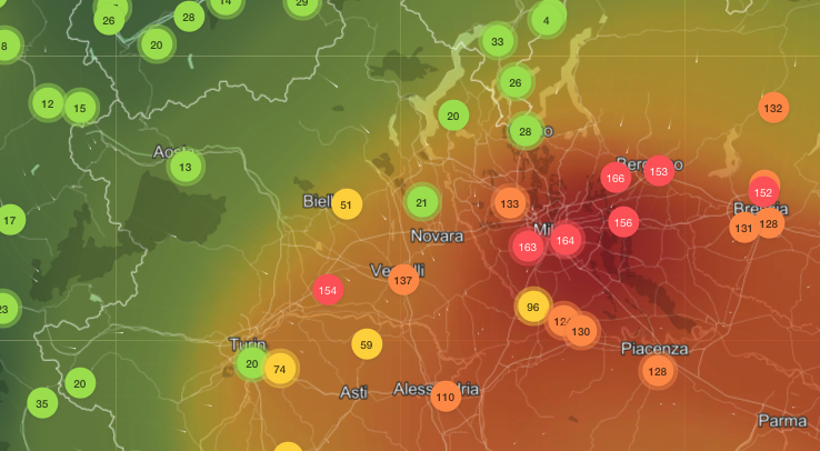 Una mappa della qualità dell'aria in tempo reale del nord Italia e della Pianura Padana